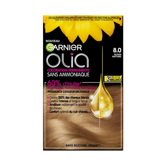 Coloration Permanente Sans Amoniaque 8. 0 Blond Naturel Olia GARNIER la boîte