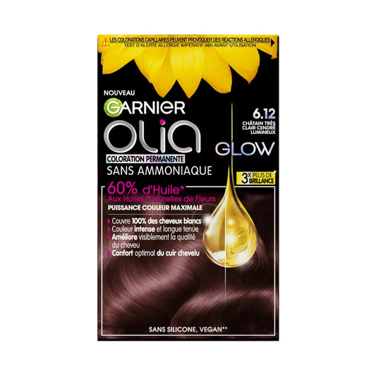Coloration Permanente 6. 12 Châtain Très Clair Cendré Lumineux Sans Ammoniaque Glow Olia GARNIER la boîte