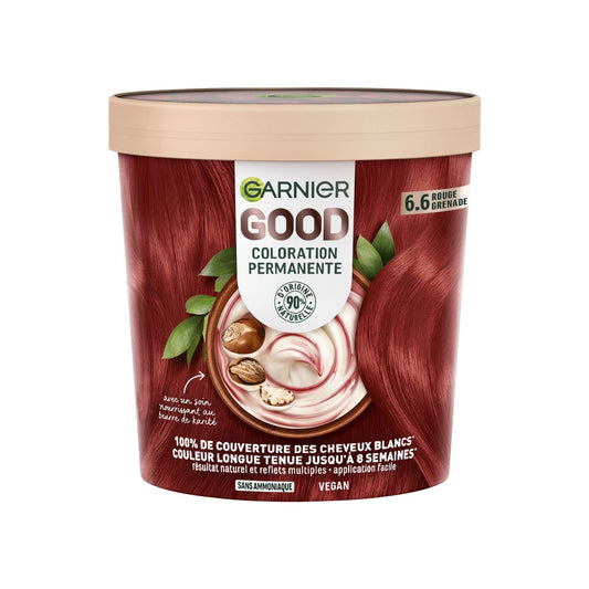 Coloration 6. 6 Rouge Grenade Sans Ammoniaque Couvre 100% Cheveux Blancs Vegan Good GARNIER la boite