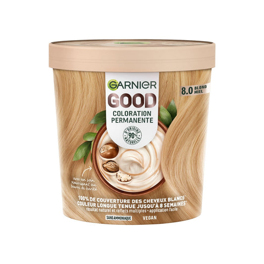 Coloration 8. 0 Blond Miel Sans Ammoniaque Application Facile Cheveux Blancs Couverts Good GARNIER la boite