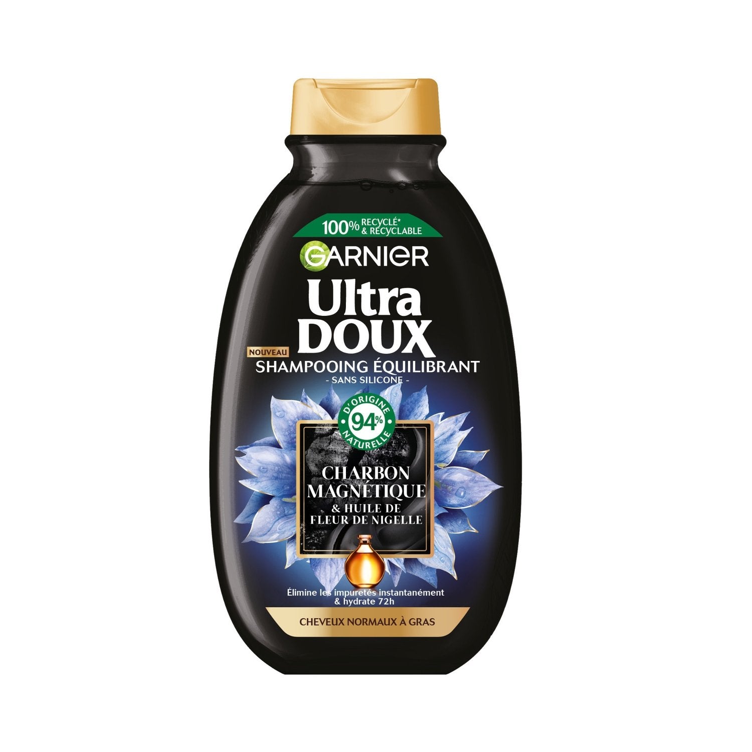 Shampoing Cheveux Normaux à Gras Charbon Magnétique et Huile de Fleur de Nigelle Ultra Doux GARNIER le flacon de 250mL
