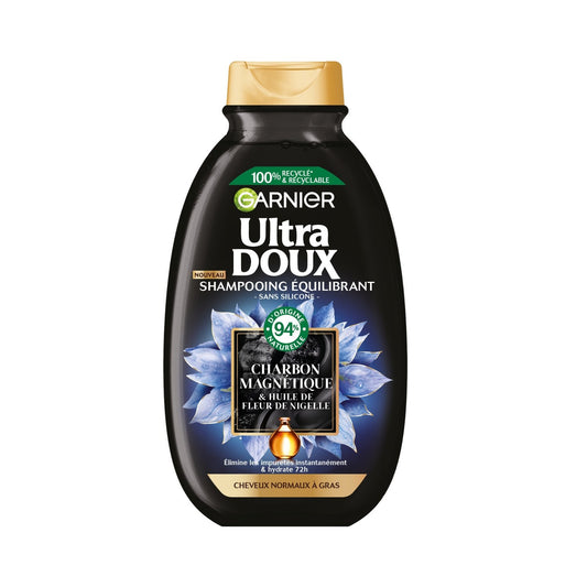 Shampoing Cheveux Normaux à Gras Charbon Magnétique et Huile de Fleur de Nigelle Ultra Doux GARNIER le flacon de 250mL