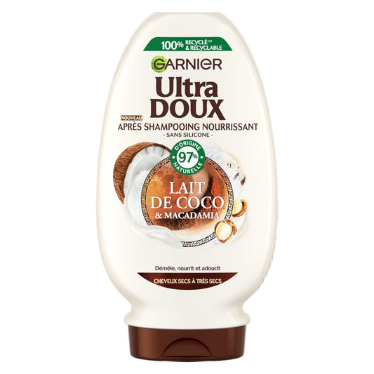 Après-Shampoing Nourissant Cheveux Secs Lait de Coco et Macadamia Sans Silicone Ultra Doux GARNIER le flacon de 250mL