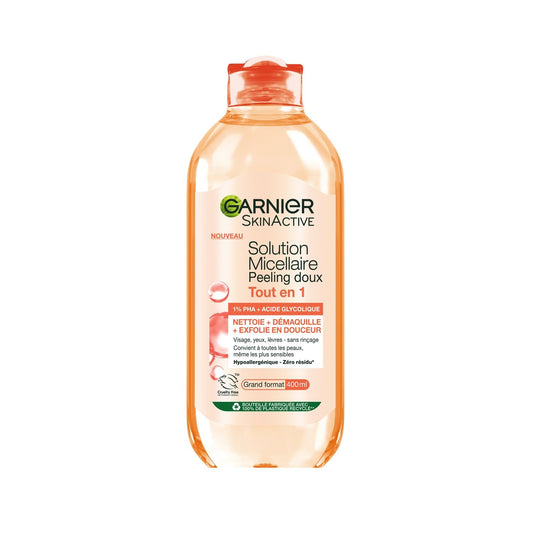 Eau Micellaire Peeling Doux Tout en 1 Nettoie + Démaquille + Exfolie en Douceur GARNIER SKINACTIVE le flacon de 400mL