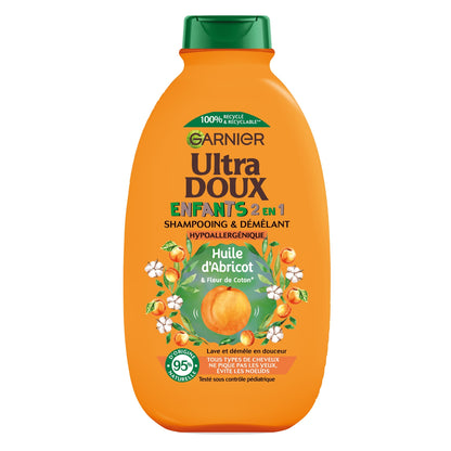 Shampoing Enfant 2en1 Démêlant hypoallergénique pour Tous types de cheveux Abricot et fleur de coton ULTRA DOUX 
