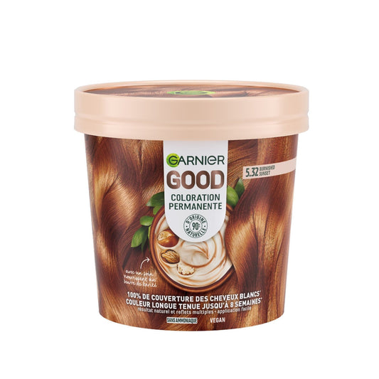 Hair Color 5. 32 Burnished Sunset Ammonia Free 100% White Coverage Creamy Texture Good GARNIER