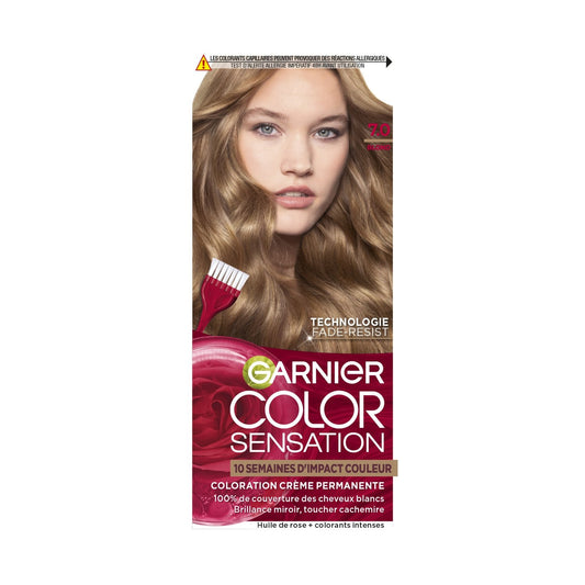Coloration Permanent Blond 7. 0 Longue Durée Couvre 100% Cheveux Blancs Color Sensation GARNIER la boite