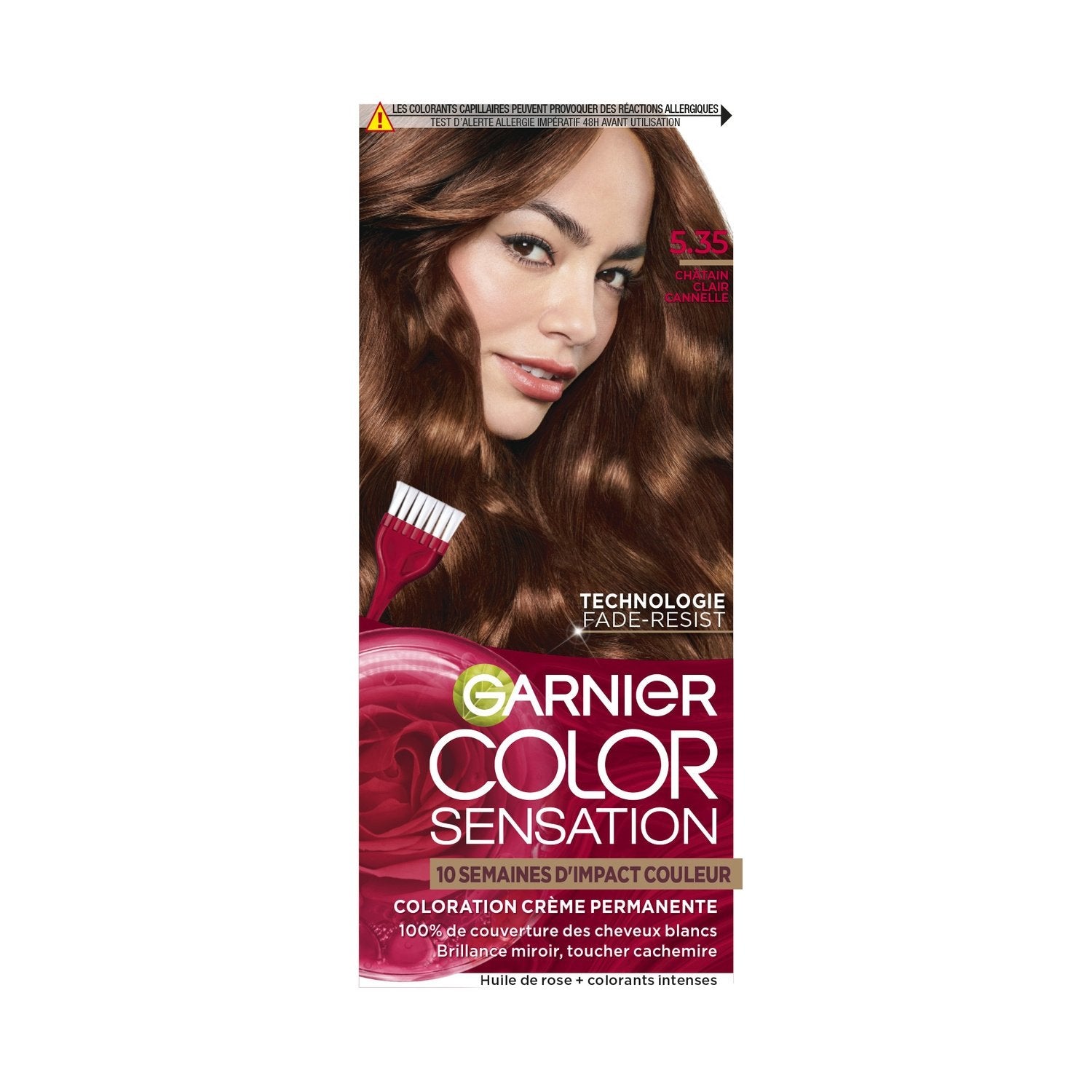 Coloration Permanente 5. 35 Châtin Clair Cannelle Longue Durée Brillance Miroir Color Sensation GARNIER la boite