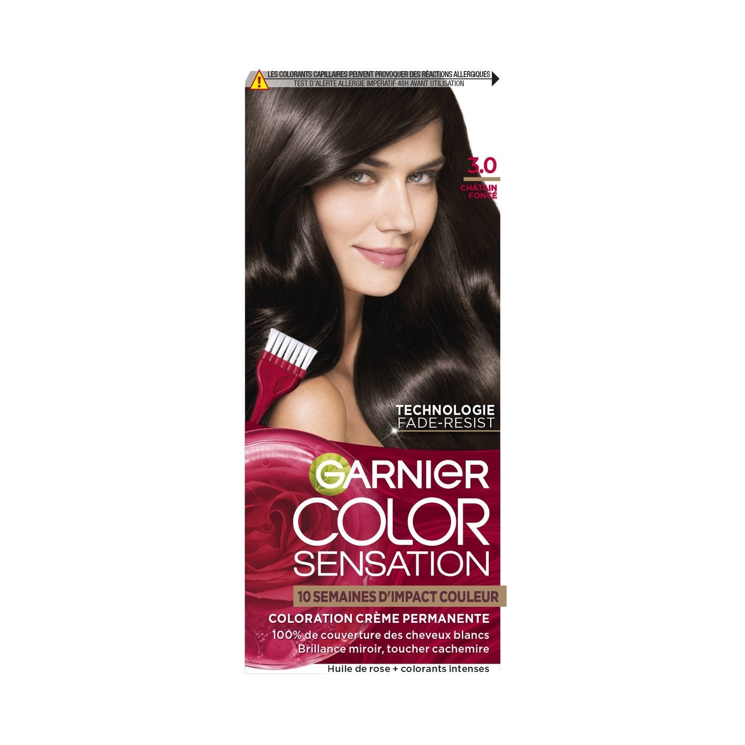 Coloration Permanente 3. 0 Châtain Foncé Fade-Resist Couvre 100% Cheveux Blancs Color Sensation GARNIER la boite