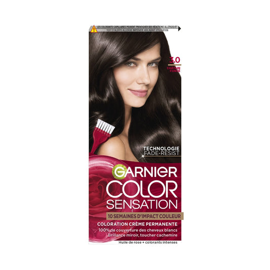 Coloration Permanente 3. 0 Châtain Foncé Fade-Resist Couvre 100% Cheveux Blancs Color Sensation GARNIER la boite