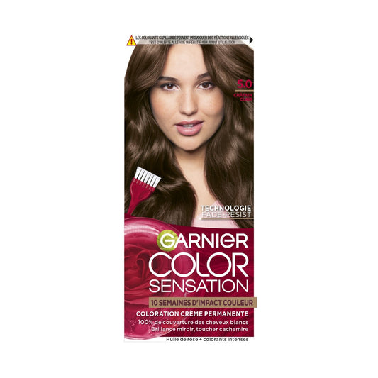 Coloration Permanente 5. 0 Châtain Clair Fade-Resist Couvre 100% Cheveux Blancs Color Sensation GARNIER la boite