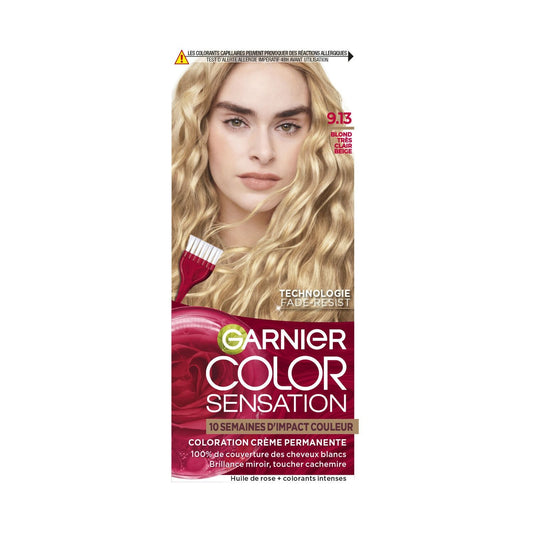 Permanent Hair Color 9.13 Very Light Beige Blonde Covers 100% White Hair Color Sensation GARNIER