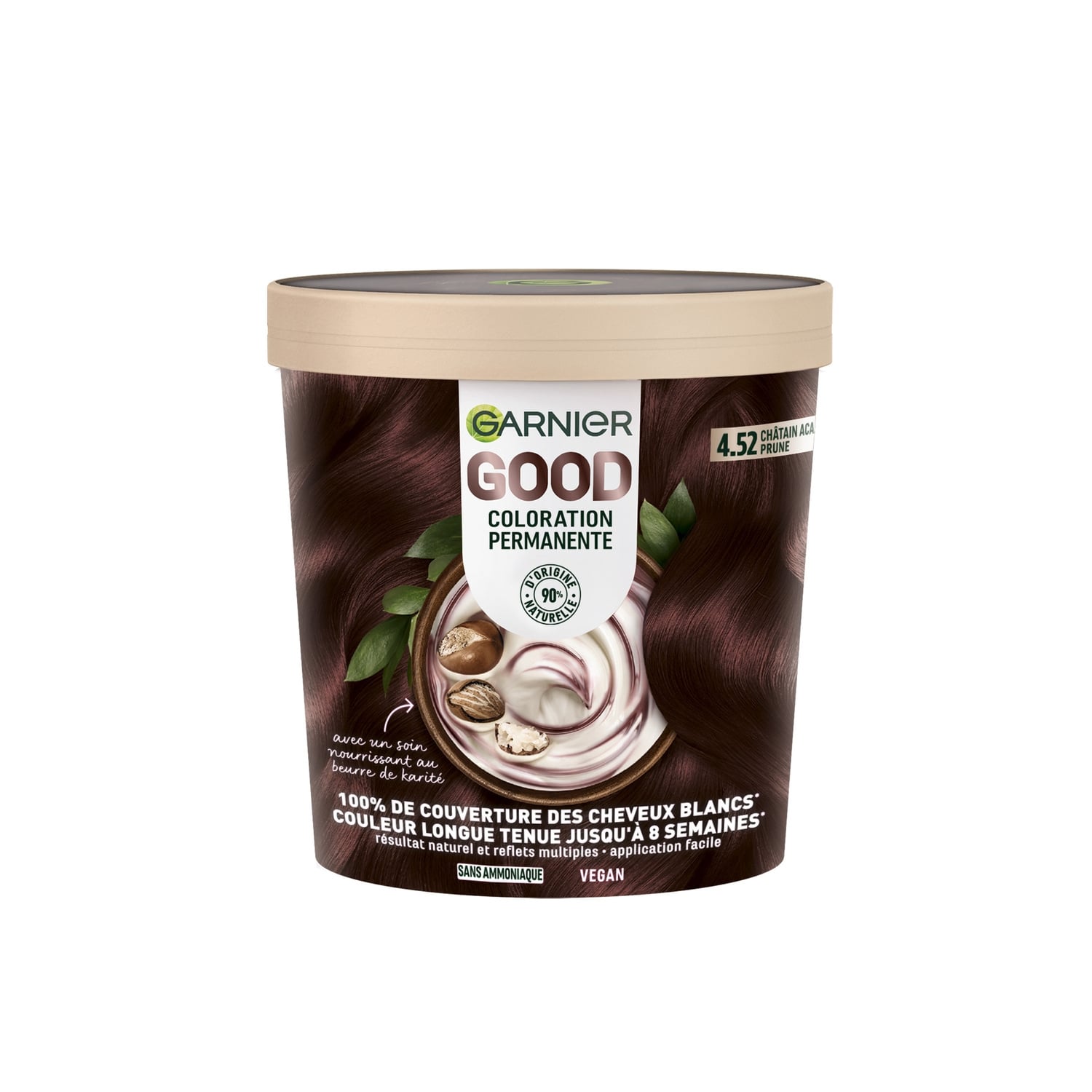 Coloration Permanente 4.52 Châtain Acajou Prune Sans Ammoniaque Crémeuse 100% Couverture Cheveux Blancs Longue Durée Vegan Good GARNIER 