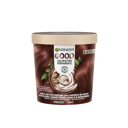 Coloration Permanente 6.52 Châtain Acajou Clair Groseille Sans Ammoniaque Texture Crémeuse 90% Origine Naturelle Couverture 100% Cheveux Blancs Couleur Longue Tenue Jusqu'à 8 Semaines GOOD GARNIER 