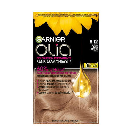 Coloration 8. 12 Blond Clair Cendré Irisé Sans Ammoniaque Vegan Olia GARNIER la boite de coloration