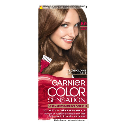 Coloration Permanente 6. 0 Blond Foncé Fade-Resist Couvre 100% Cheveux Blancs Color Sensation GARNIER la boite de coloration