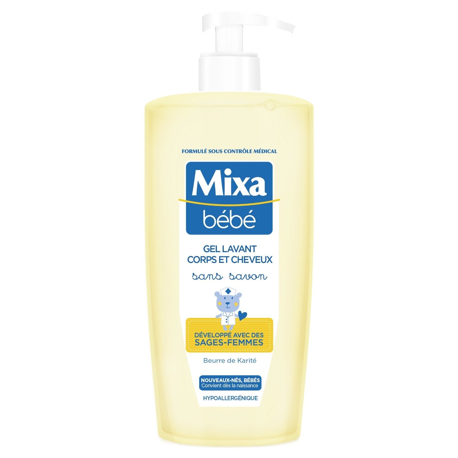Gel Douche Bébé Corps et Cheveux Sans Savon Hypoallergénique MIXA BEBE la pompe de 750mL