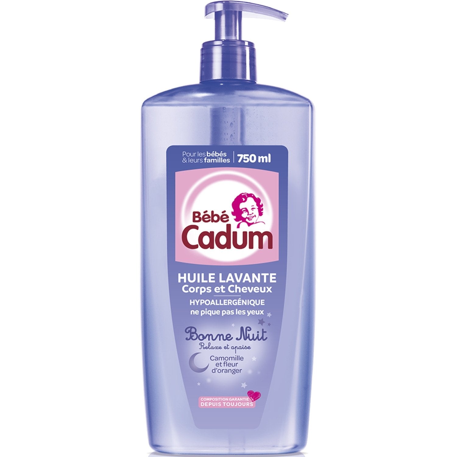 Huile Lavante Bébé Corps et Cheveux Hypoallergénique Camomille et Fleur d'Oranger Bonne Nuit CADUM le flacon de 750mL