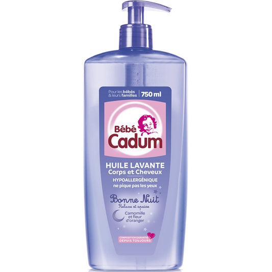 Huile Lavante Bébé Corps et Cheveux Hypoallergénique Camomille et Fleur d'Oranger Bonne Nuit CADUM le flacon de 750mL