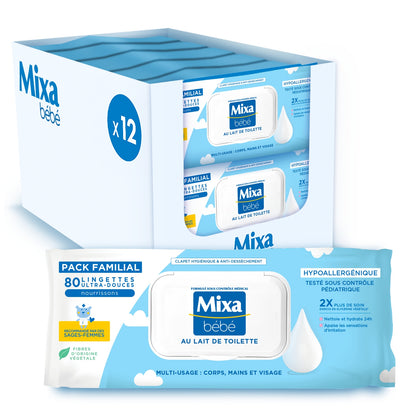 Lingettes Bébé au Lait de Toilette Hypoallergénique MIXA