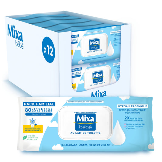 Lingettes Bébé au Lait de Toilette Hypoallergénique MIXA