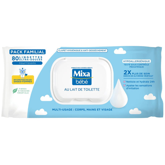 Lingettes Bébé au Lait de Toilette Hypoallergénique MIXA le sachet 80 lingettes