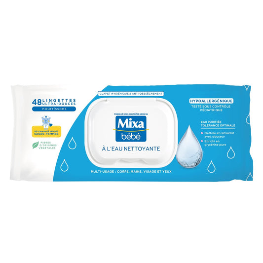 Lingettes Bébé Nettoyantes Hypoallergénique A l'Eau MIXA le sachet de 48 lingettes