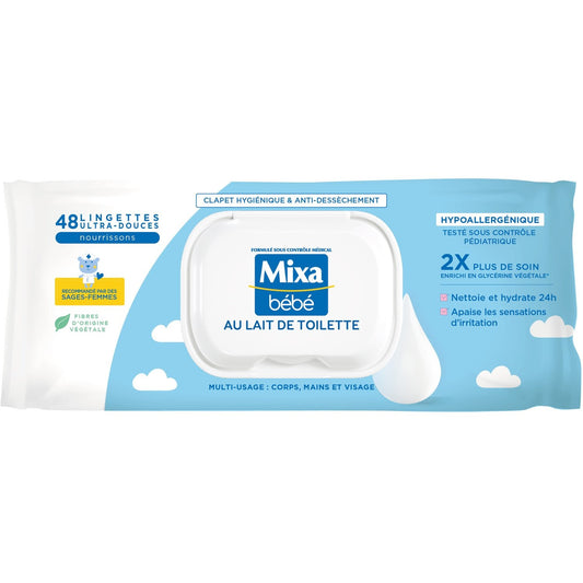 Lingettes Bébé Nettoyantes Corps Main et Visage au Lait de Toilette Hypoallergénique MIXA le sachet de 48 lingettes
