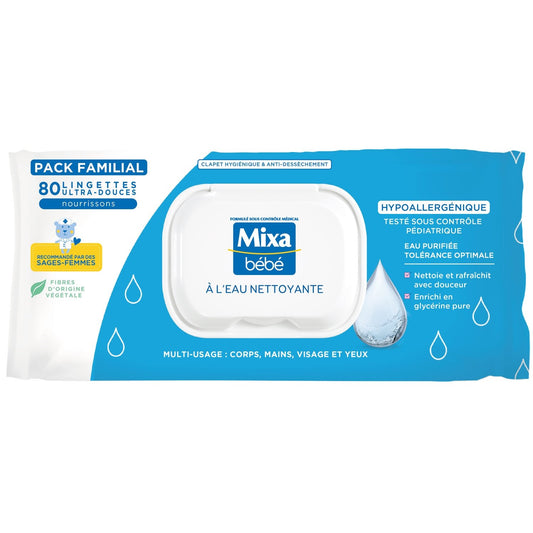 Lingettes Bébé à l'Eau Nettoyante Hypoallergéniques MIXA le sachet de 80 lingettes