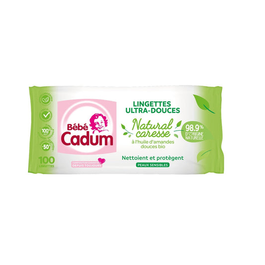 Lingettes Bébé Nettoyantes Visage et Corps A l'Huile d'Amandes Douces Bio Ultra-Douces CADUM le sachet de 100 lingettes