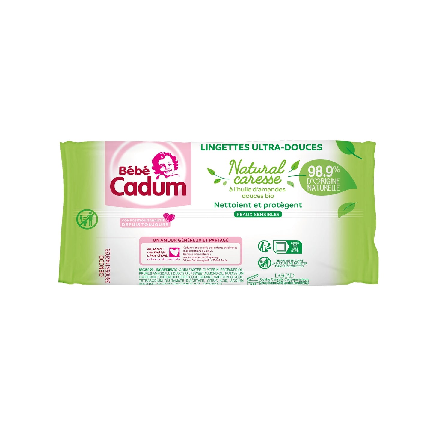 Lingettes Bébé Nettoyantes Visage et Corps A l'Huile d'Amandes Douces Bio Ultra-Douces CADUM