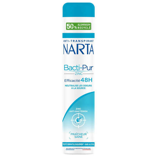 Déodorant Spray Anti-Transpirant Bacti-Pur Zinc Anti-Bactérien 48h NARTA le flacon de 200mL