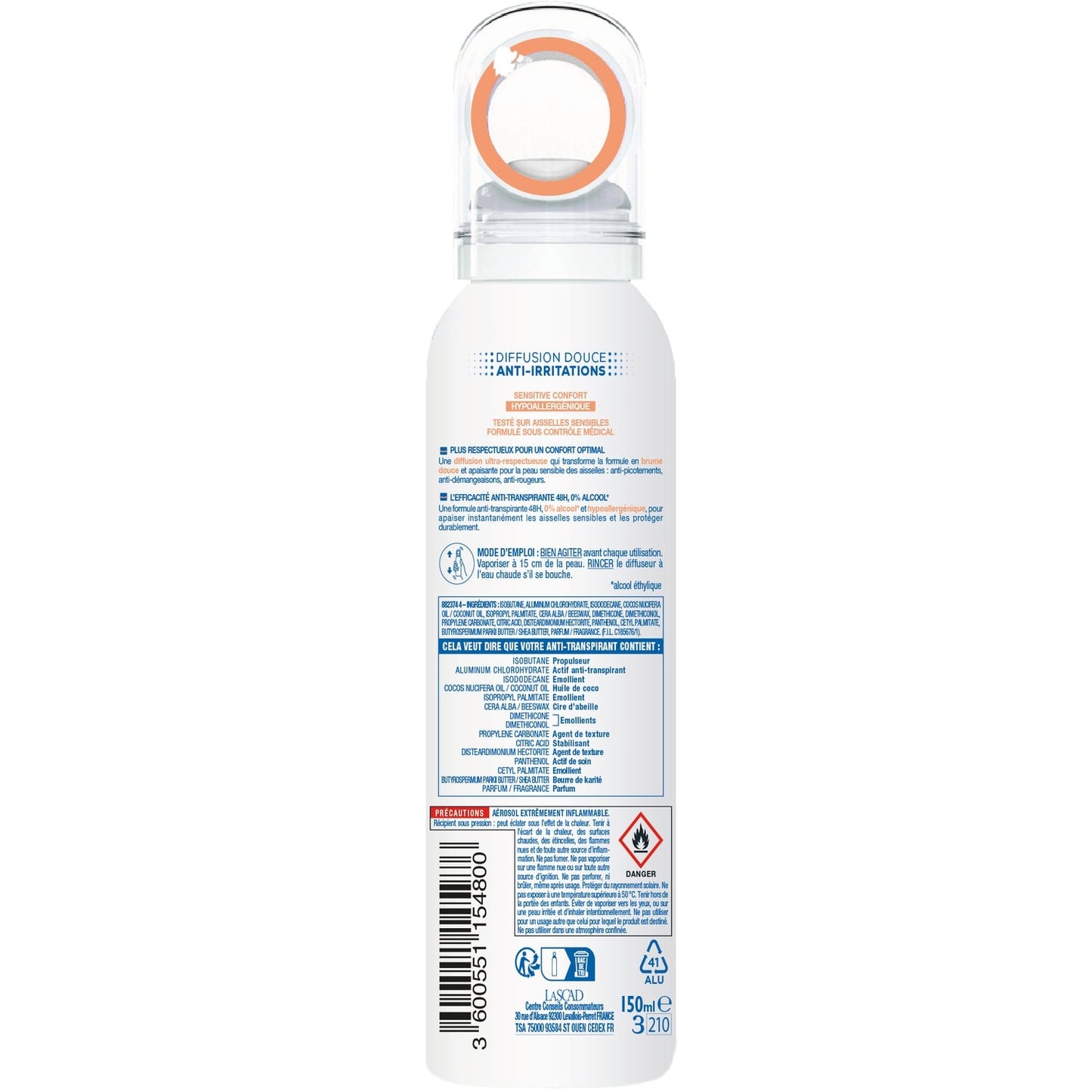 Déodorant spray Anti-transpirant Sensitive Confort Hypoallergénique 48H MIXA 