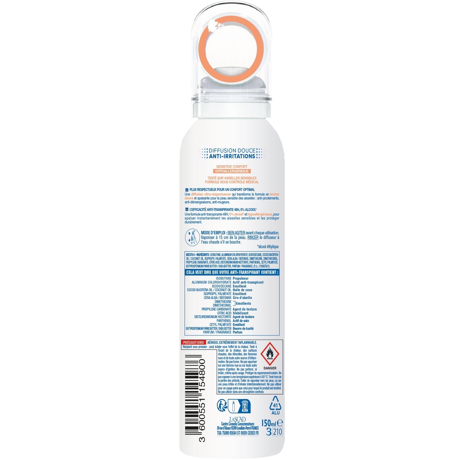Déodorant spray Anti-transpirant Sensitive Confort Hypoallergénique 48H MIXA 