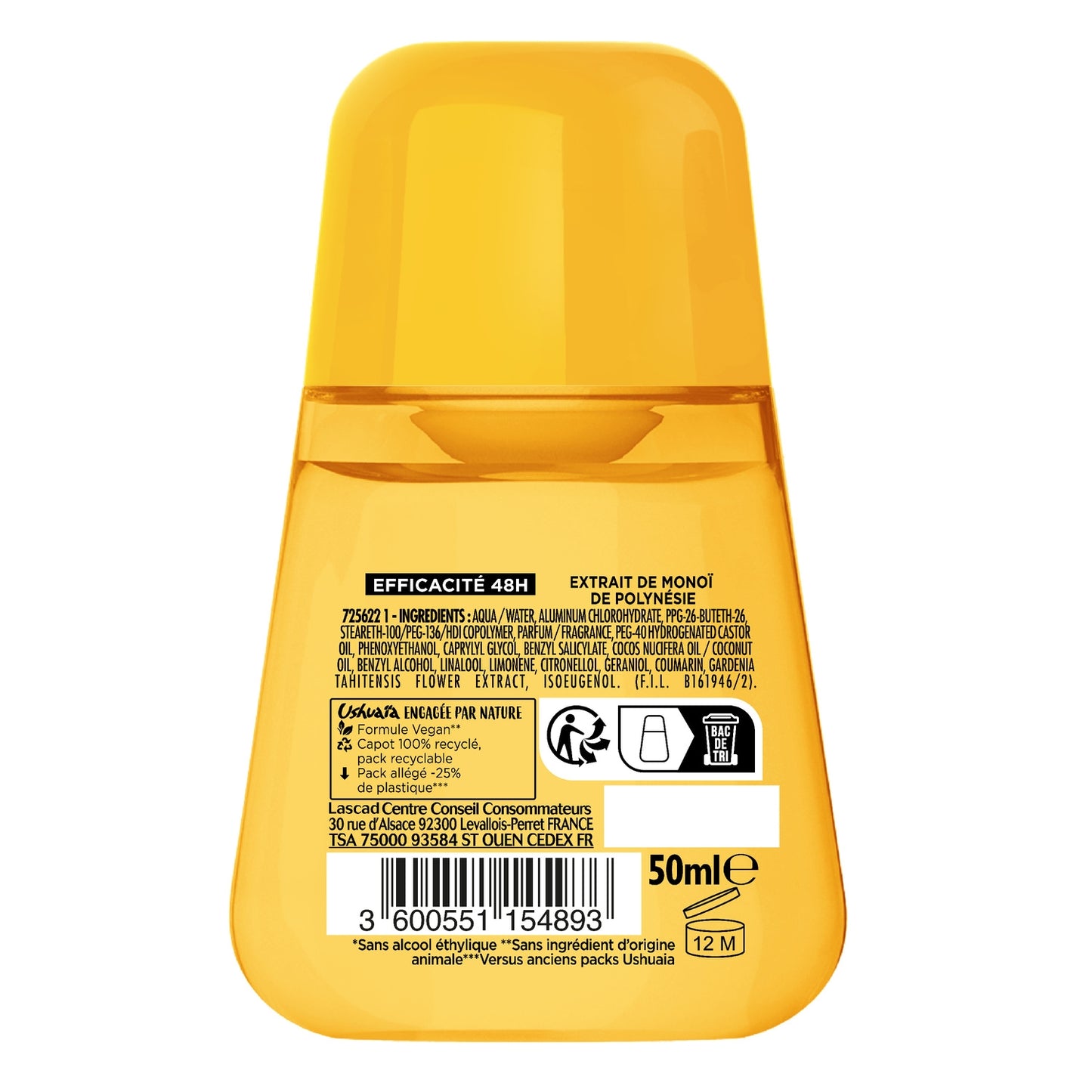 Déodorant bille Anti-humidité Anti-odeur 48h Monoï et Fleur de Tiaré USHUAIA 