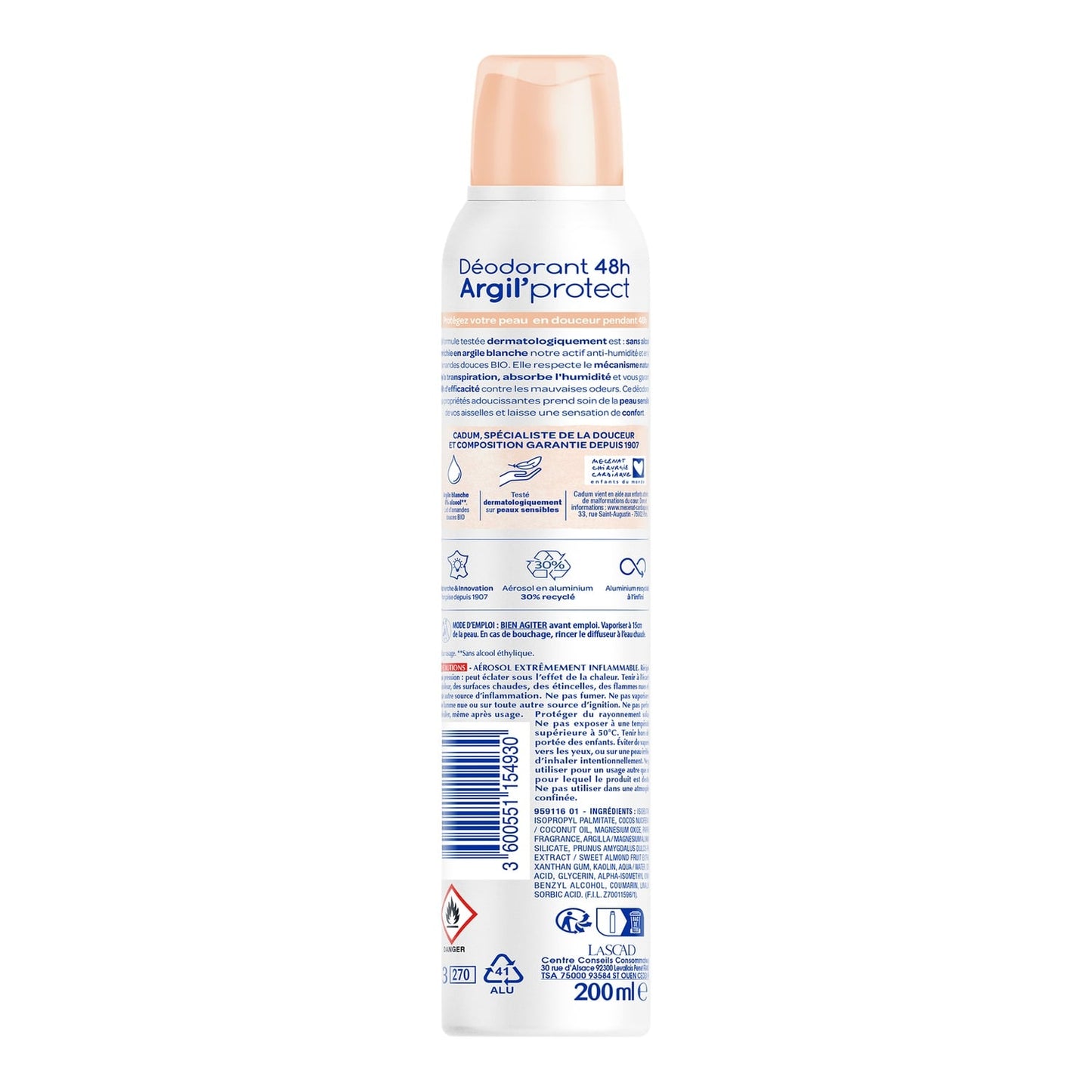 Déodorant spray 0% Alcool 48H Argil protect CADUM 