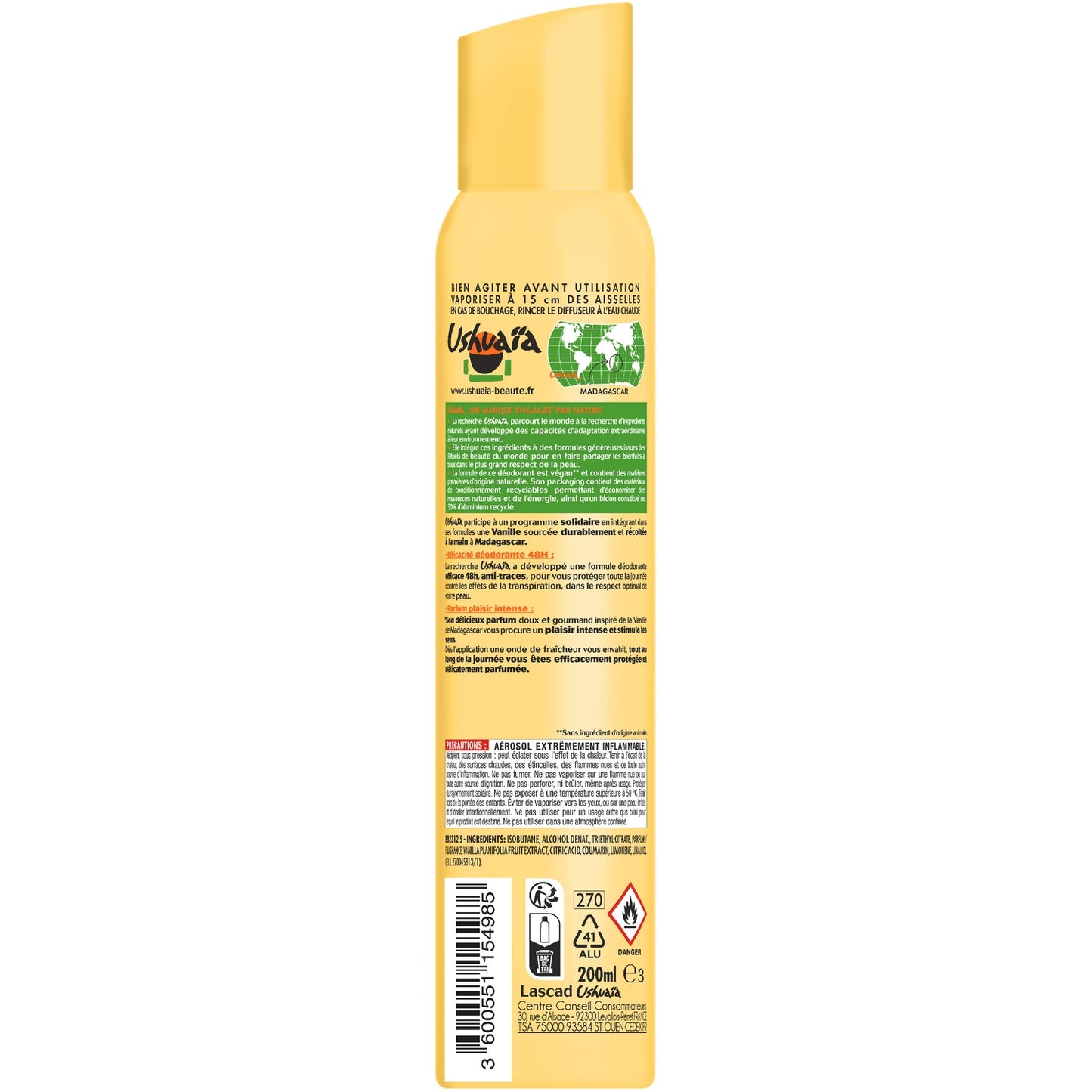 Déodorant spray Efficacité 48h Anti-traces Vanille USHUAIA 