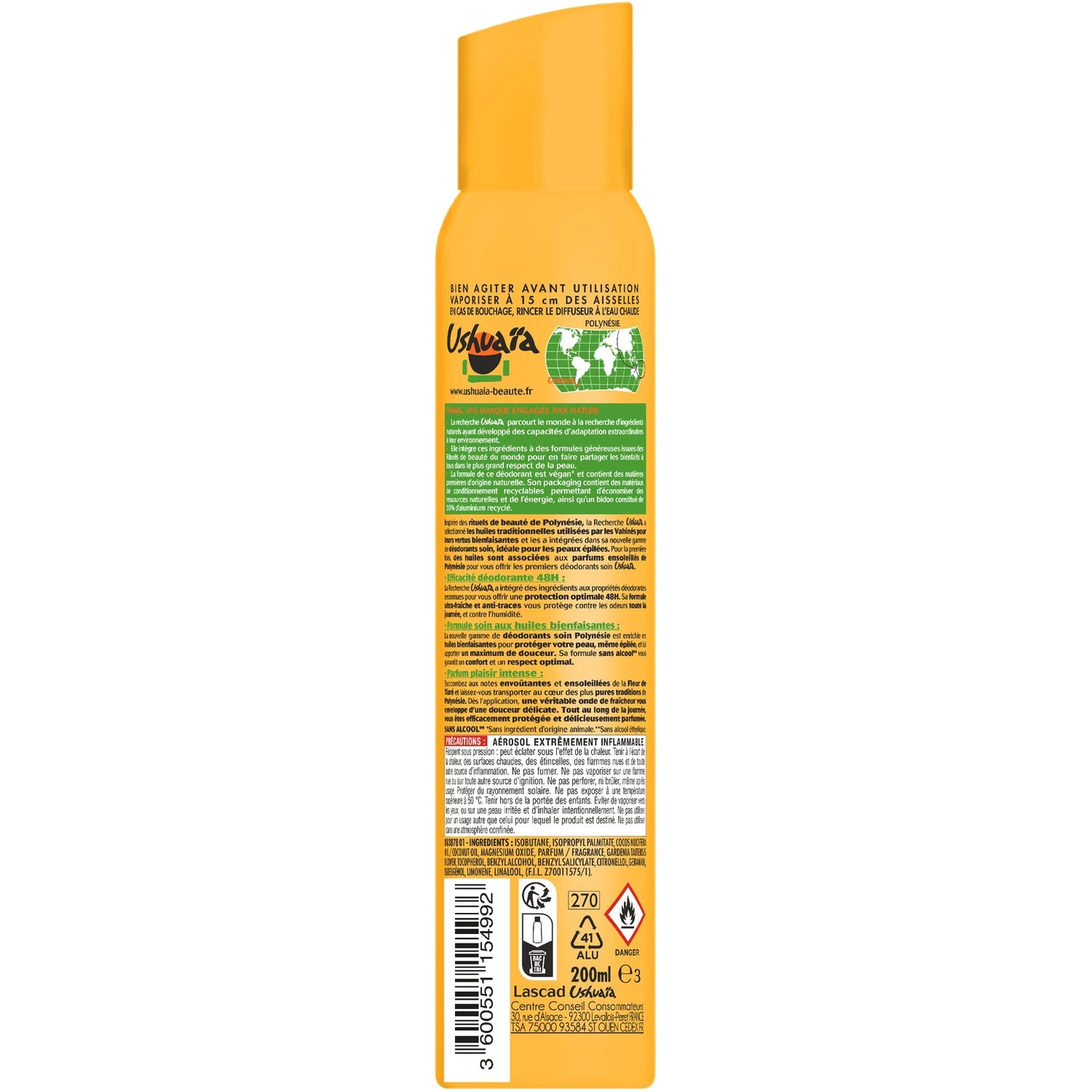 Déodorant spray Efficacité 48h Monoï et Fleur de Tiaré USHUAIA 