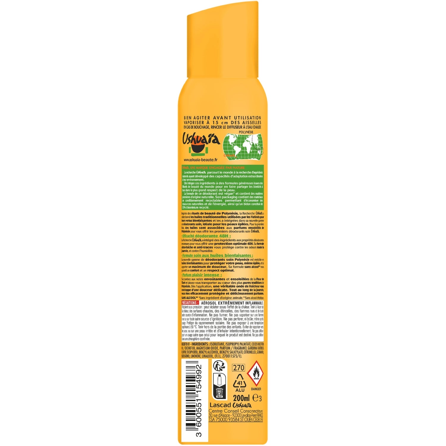 Déodorant spray Efficacité 48h Monoï et Fleur de Tiaré USHUAIA 