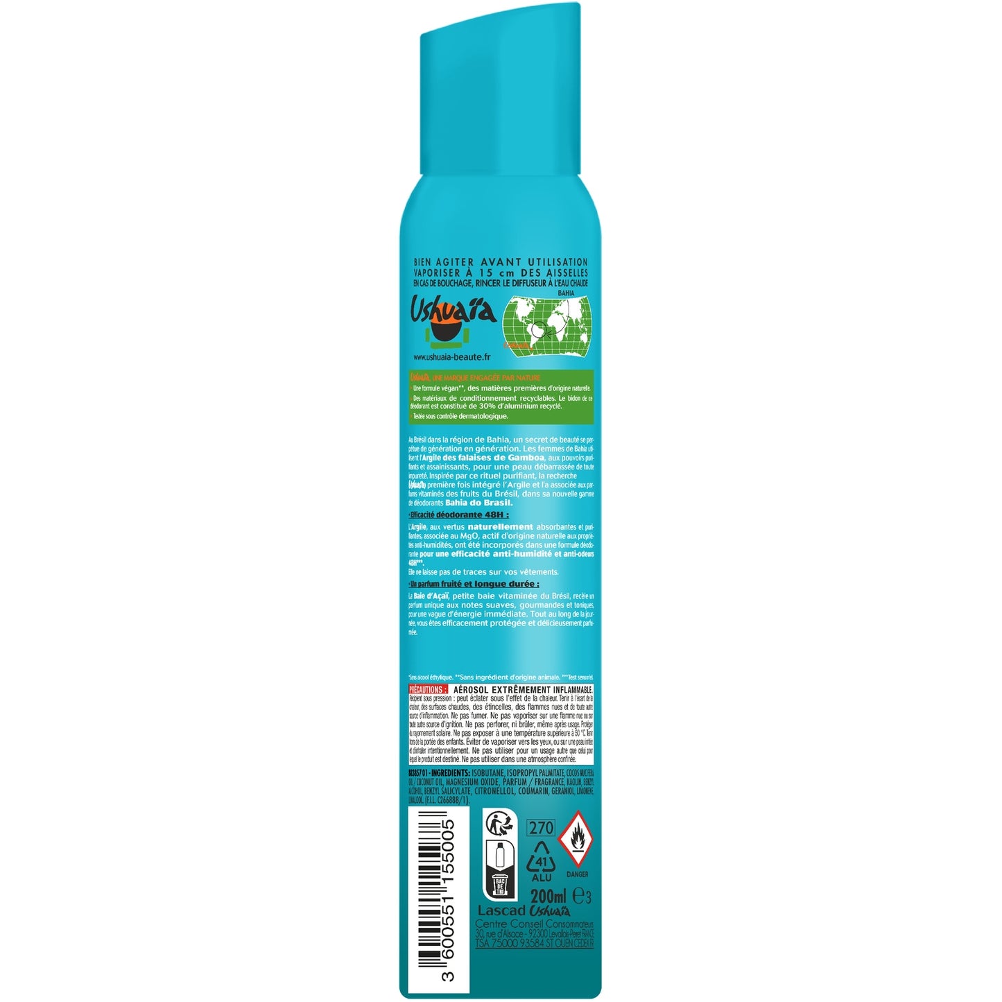 Déodorant spray Efficacité 48h Argile Absorbante Baie D'açaï USHUAIA 