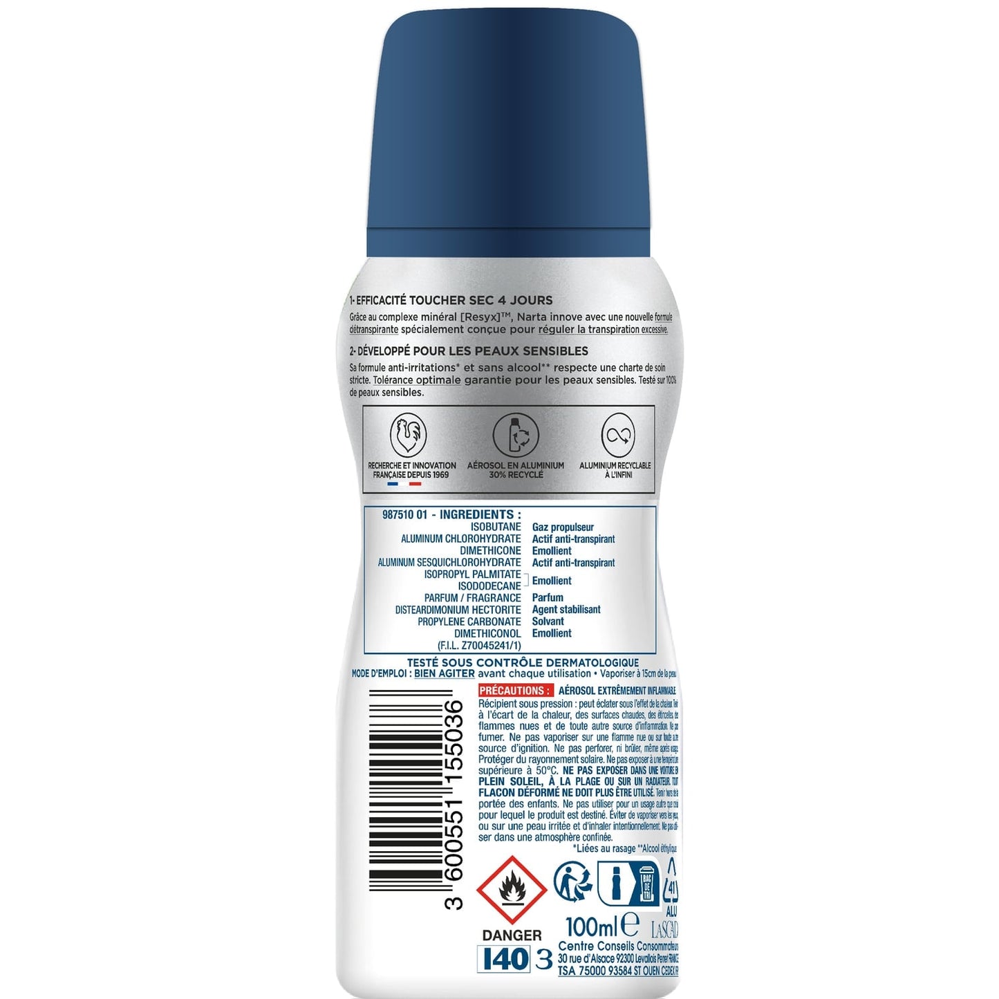 Déodorant aerosol Anti-irritation Peaux sensibles Resixyl Transpiration Excessive NARTA 