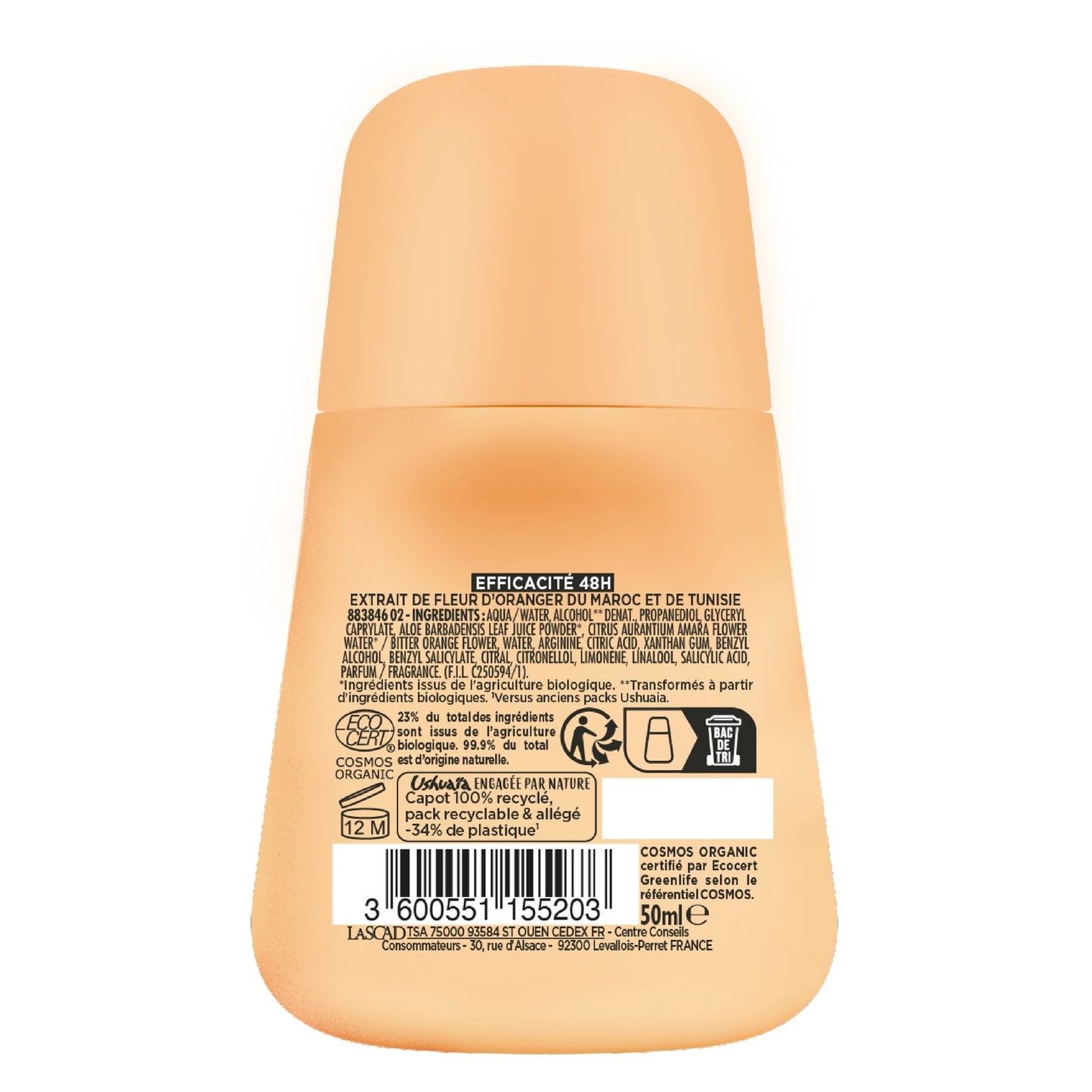 USHUAIA 48h Organic Roll-On Deodorant Orange Blossom