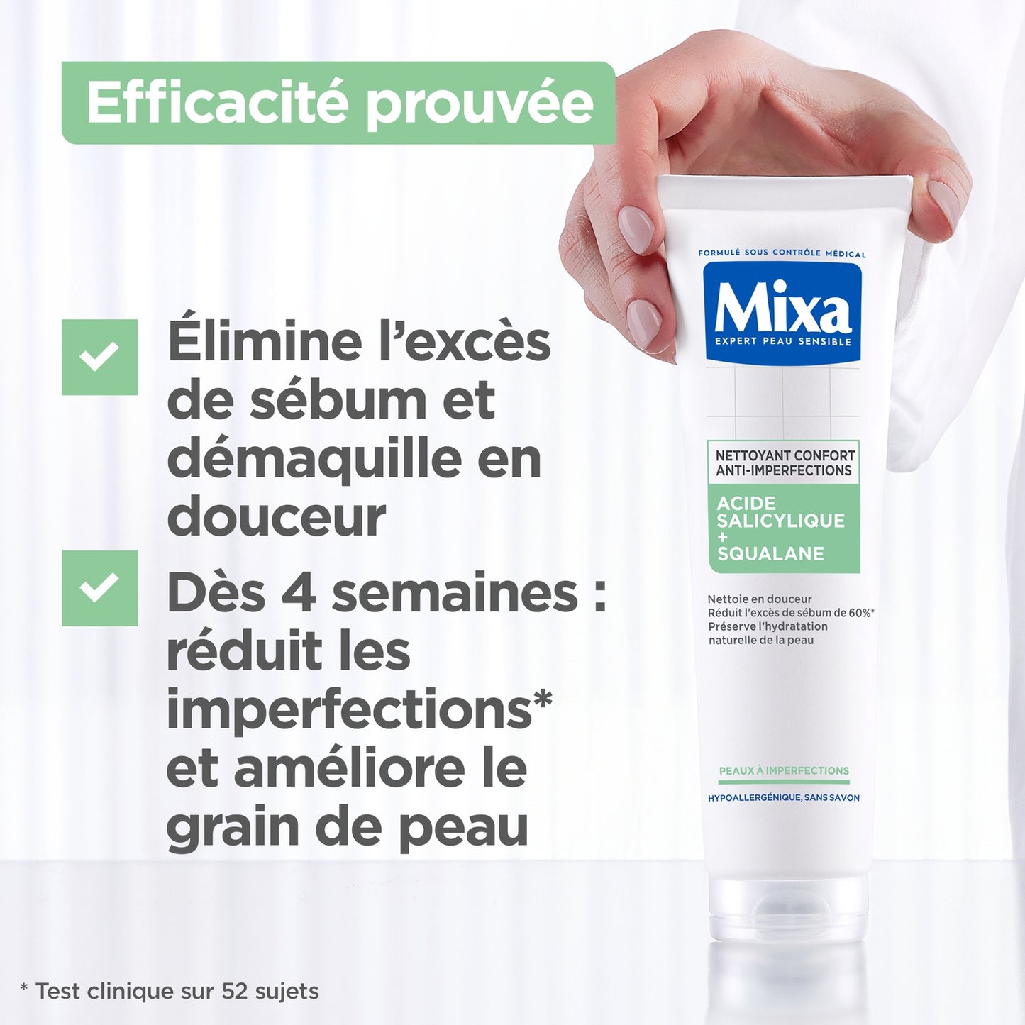 Nettoyant Visage Peau à Imperfections Confort Anti-Imperfections Nettoie et Démaquille Acide Salicylique Squalane MIXA 