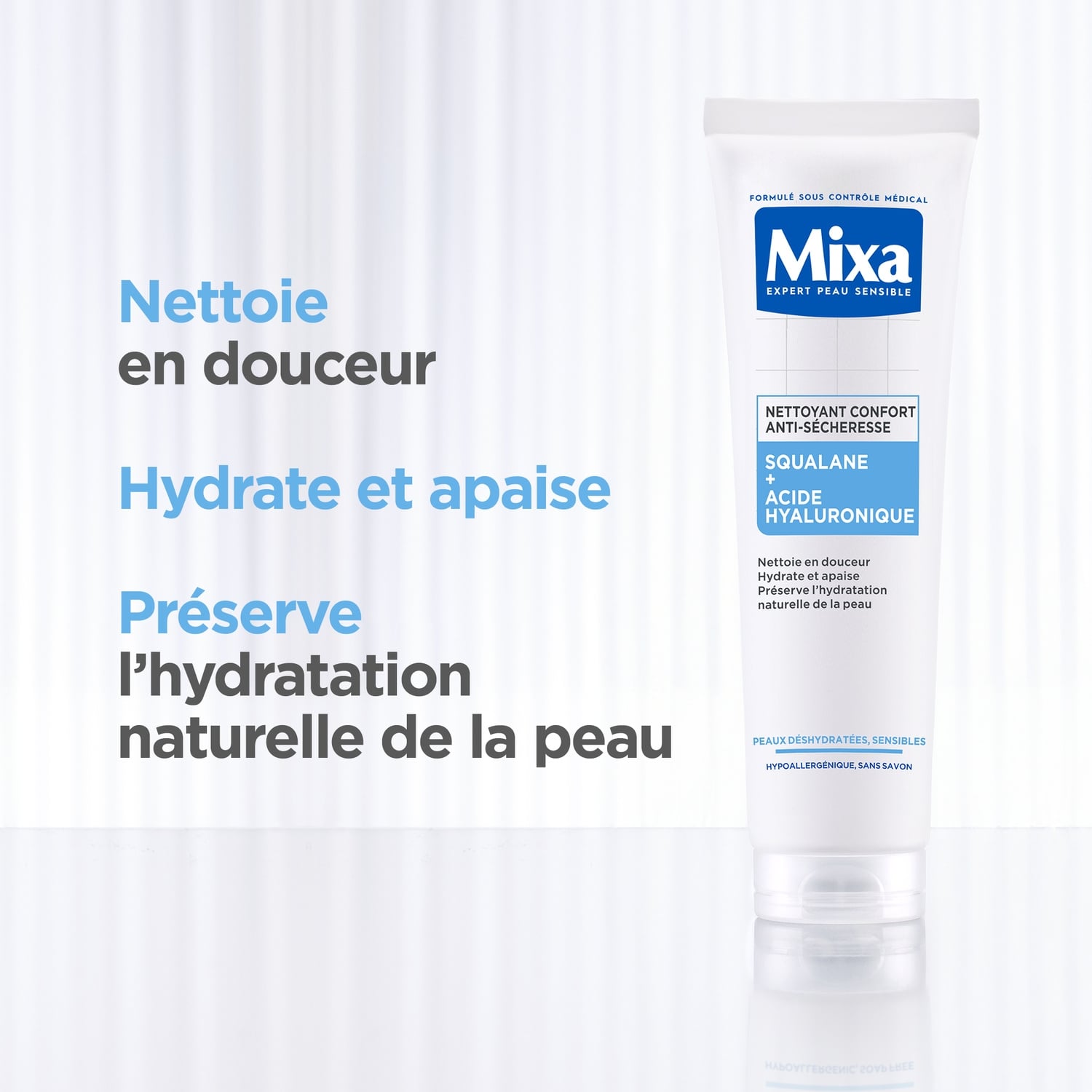 Nettoyant Visage Peau Déshydratée Sensible Confort Anti-sècheresse Nettoie Hydrate Apaise Squalane Acide Hyaluronique MIXA 