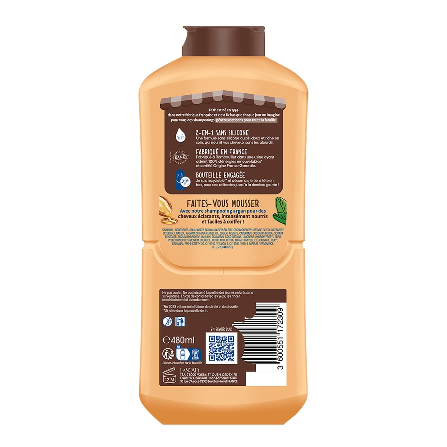 Shampoing 2en1 Très nourrissant pour Cheveux secs à très secs Huile D Argan DOP 