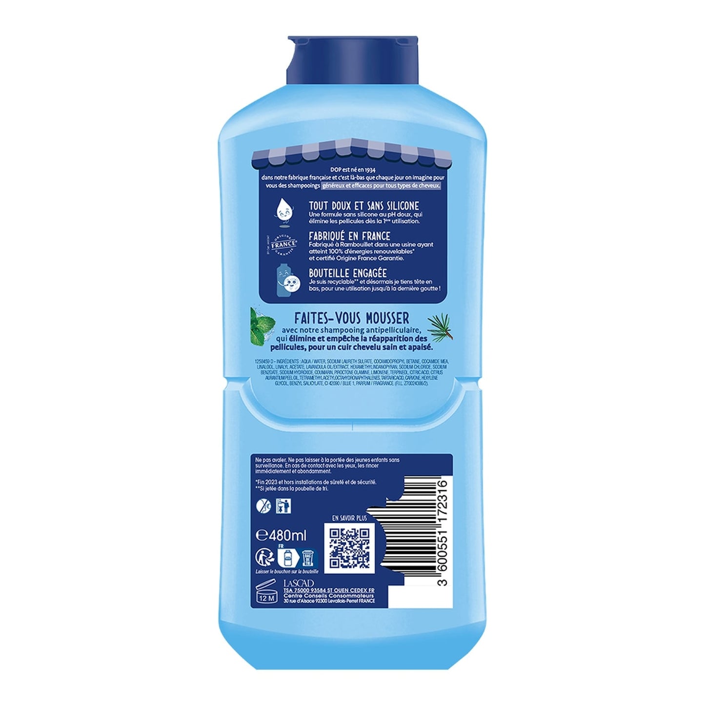 Shampoing Antipelliculaire pour Cheveux à pellicules Menthe Sans silicone pH Doux DOP 