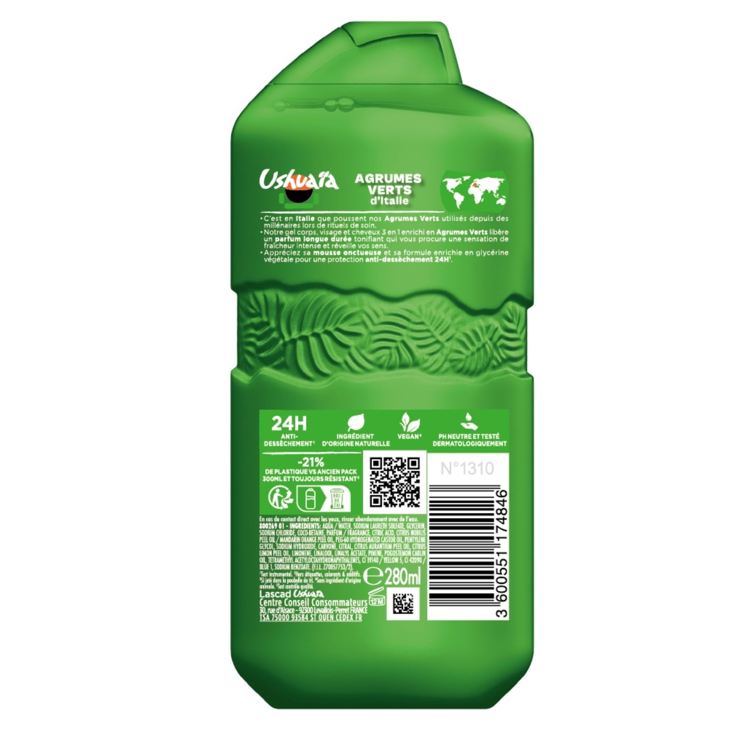 Gel douche Tonifiante 3 en 1 Corps Visage Cheveux Agrumes Verts d'Italie 24h Anti-Dessèchement USHUAIA 