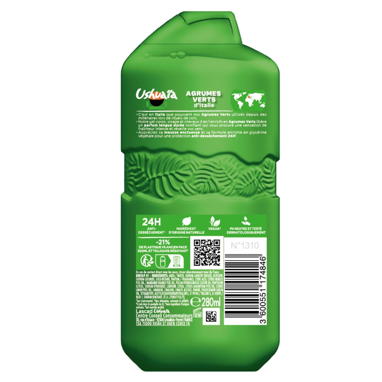 Gel douche Tonifiante 3 en 1 Corps Visage Cheveux Agrumes Verts d'Italie 24h Anti-Dessèchement USHUAIA 