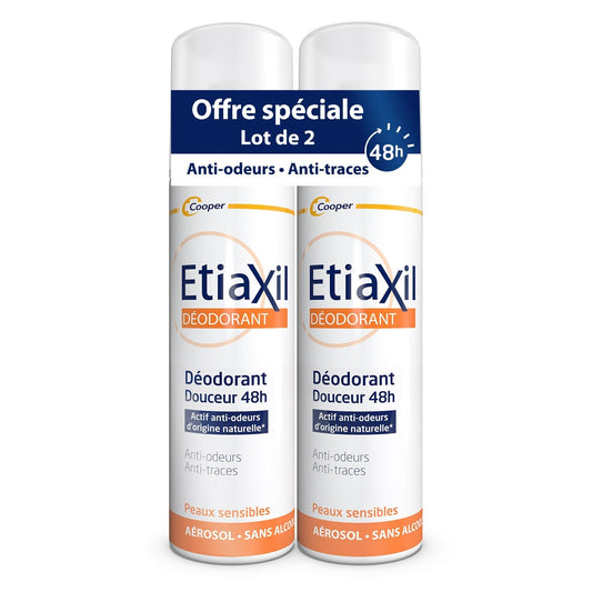 Déodorant Spray Femme Efficacité 48h Terre de Diatomée Sans Aluminium ETIAXIL le lot de 2 déodorants de 150mL