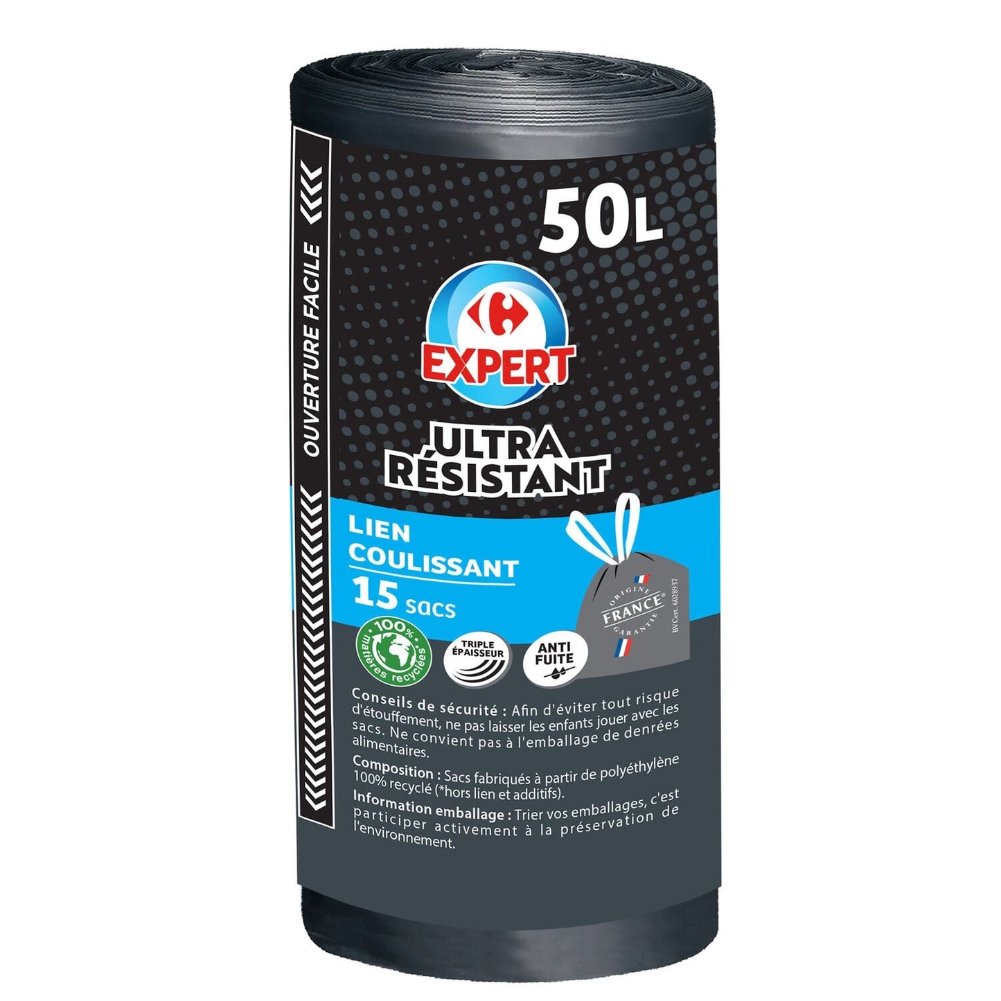 Sac poubelle à lien coulissant, Ultra Résistant 50L EXPERT 